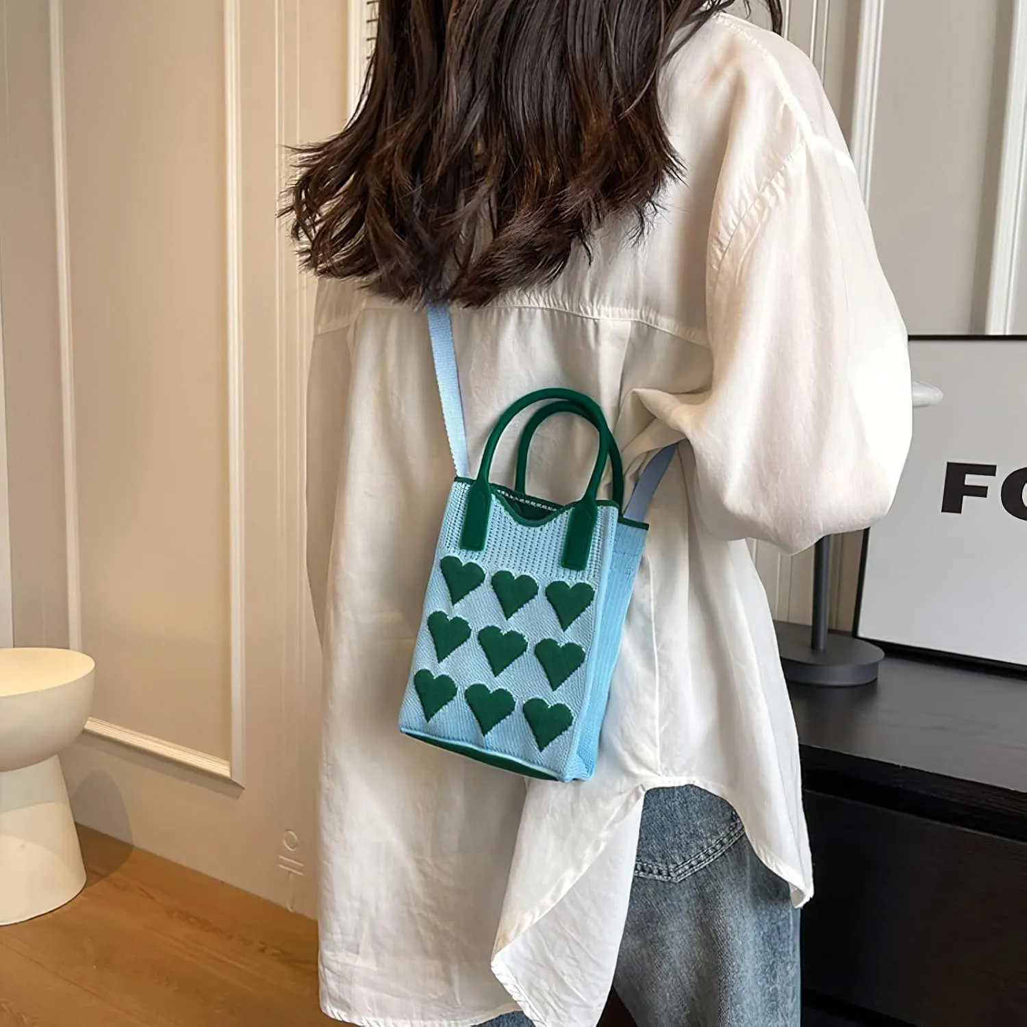 Cell Phone Crossbody Bag for Women Little Crochet Pouch Tote Handbag with Heart Pattern