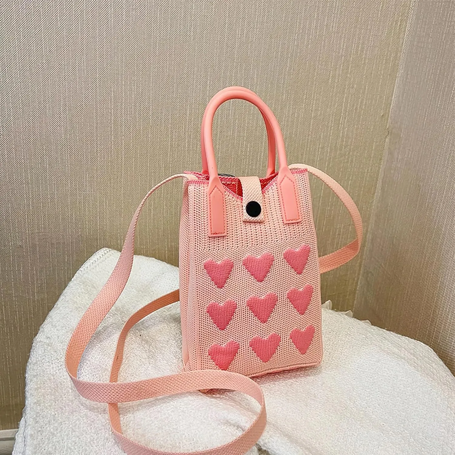 Cell Phone Crossbody Bag for Women with Heart Pattern Little Crochet Pouch Tote Handbag with Buckle