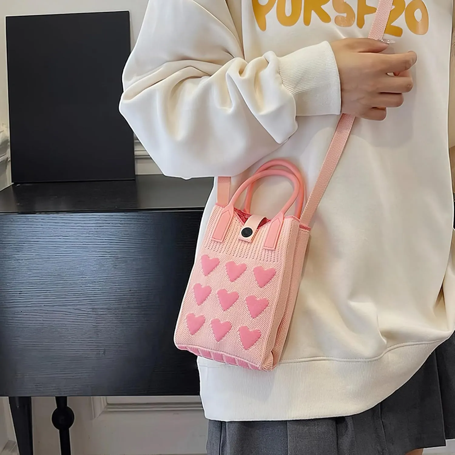 Cell Phone Crossbody Bag for Women with Heart Pattern Little Crochet Pouch Tote Handbag with Buckle