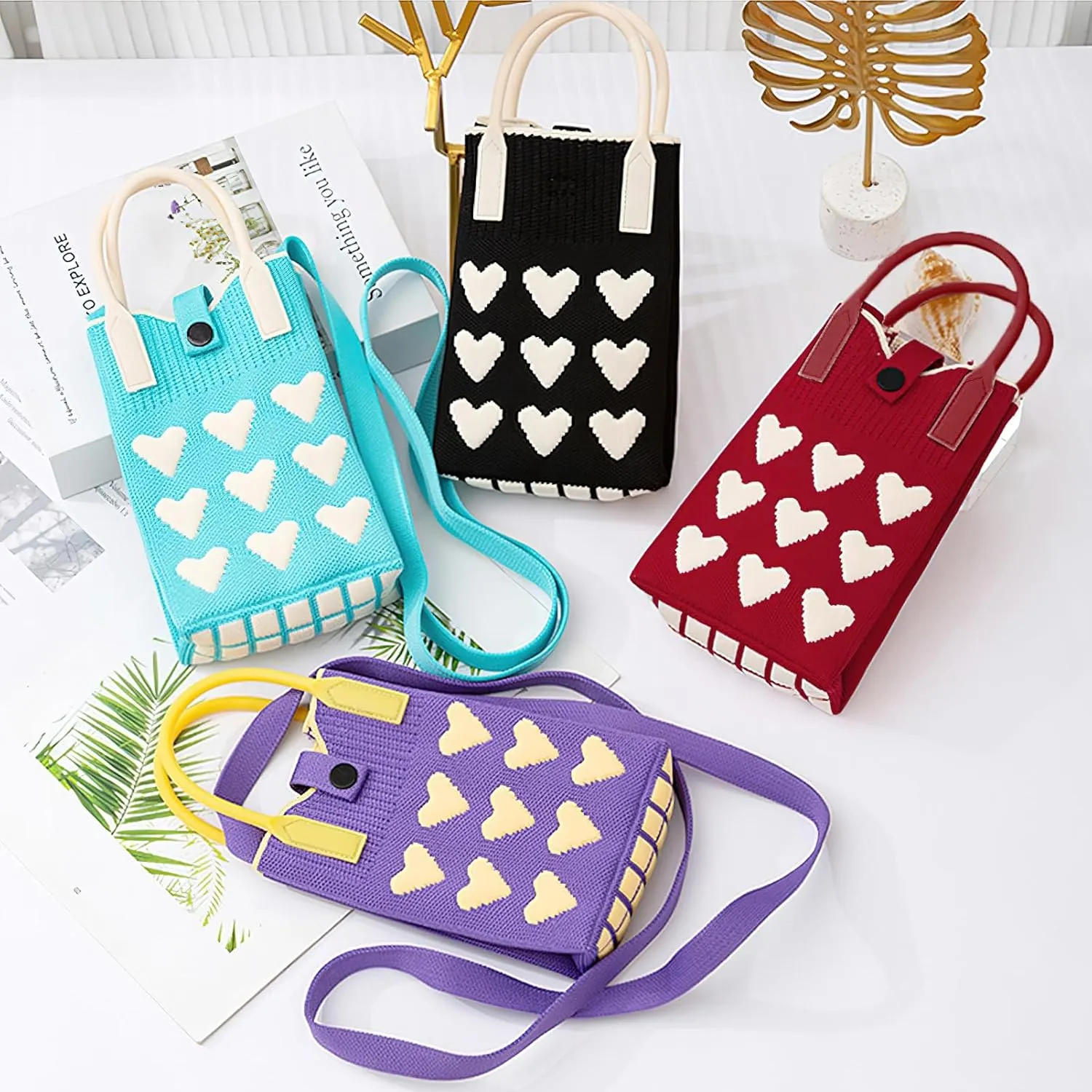 Cell Phone Crossbody Bag for Women with Heart Pattern Little Crochet Pouch Tote Handbag with Buckle