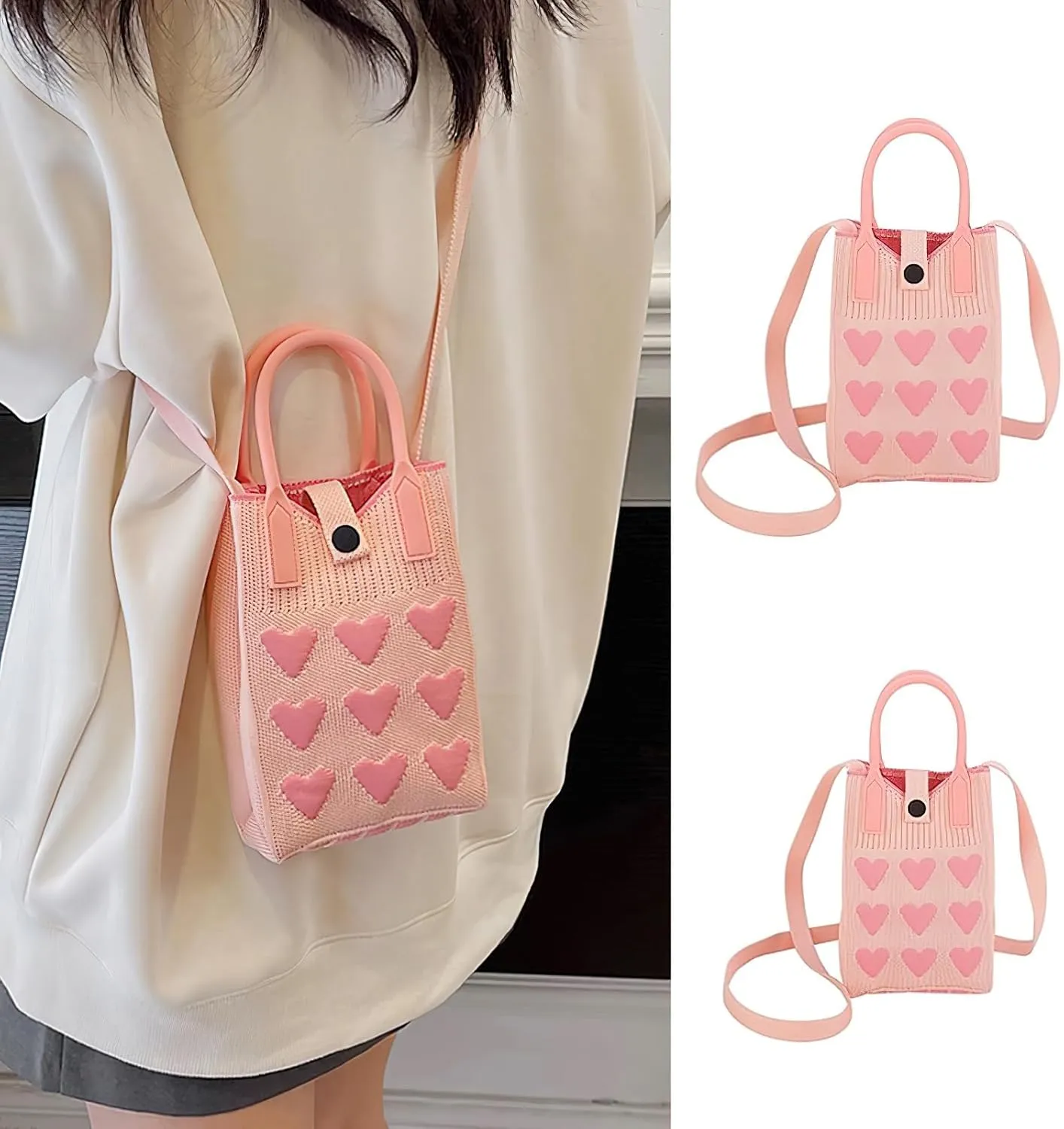 Cell Phone Crossbody Bag for Women with Heart Pattern Little Crochet Pouch Tote Handbag with Buckle
