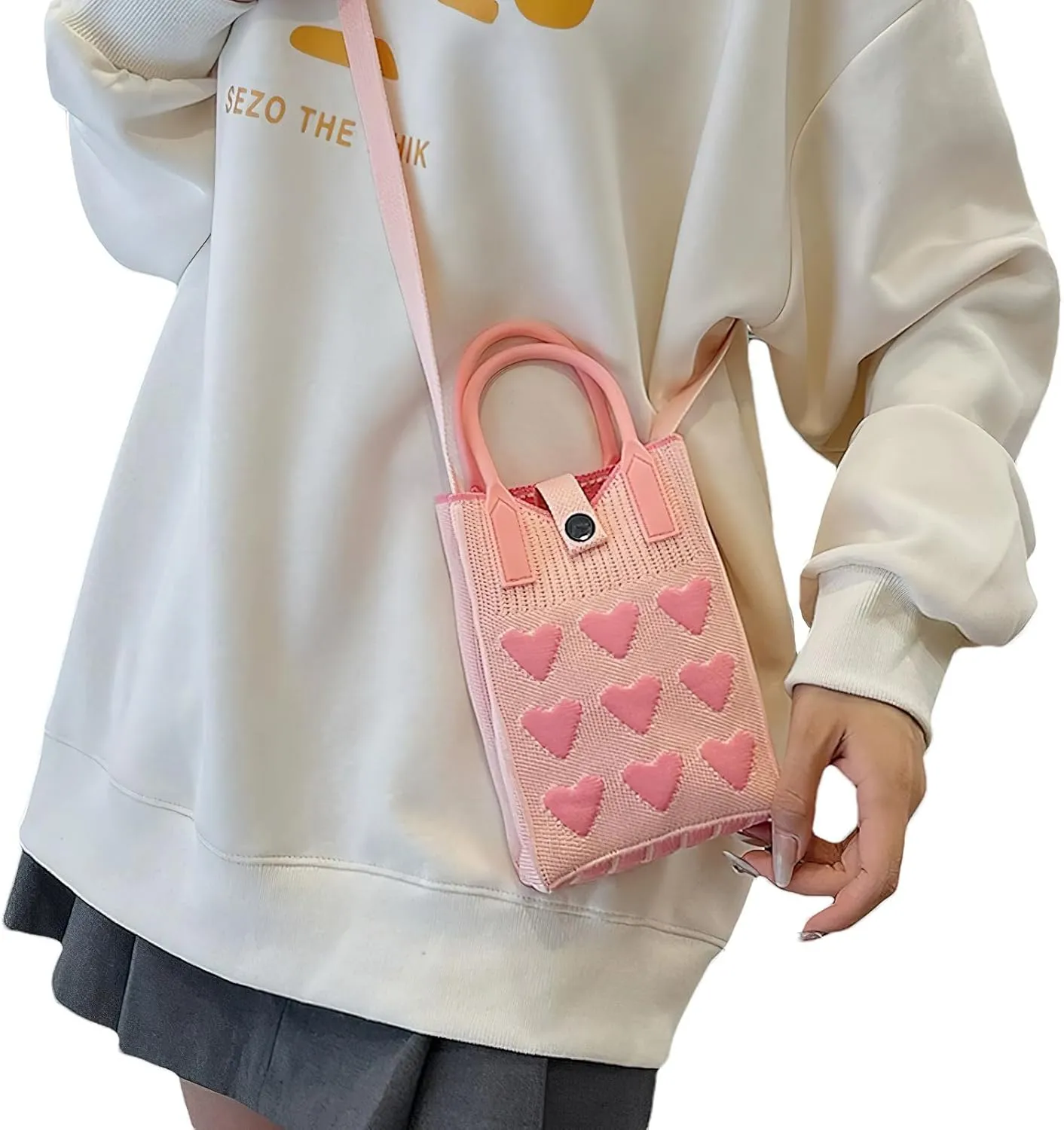 Cell Phone Crossbody Bag for Women with Heart Pattern Little Crochet Pouch Tote Handbag with Buckle
