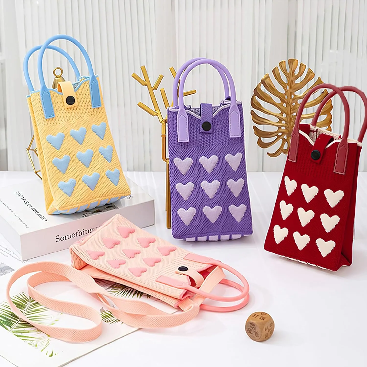 Cell Phone Crossbody Bag for Women with Heart Pattern Little Crochet Pouch Tote Handbag with Buckle