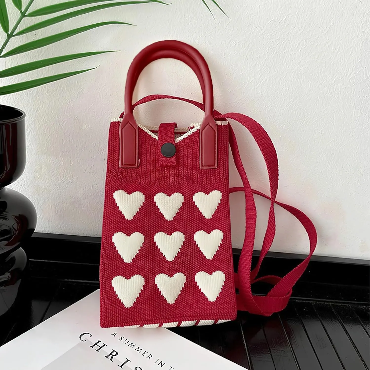 Cell Phone Crossbody Bag for Women with Heart Pattern Little Crochet Pouch Tote Handbag with Buckle