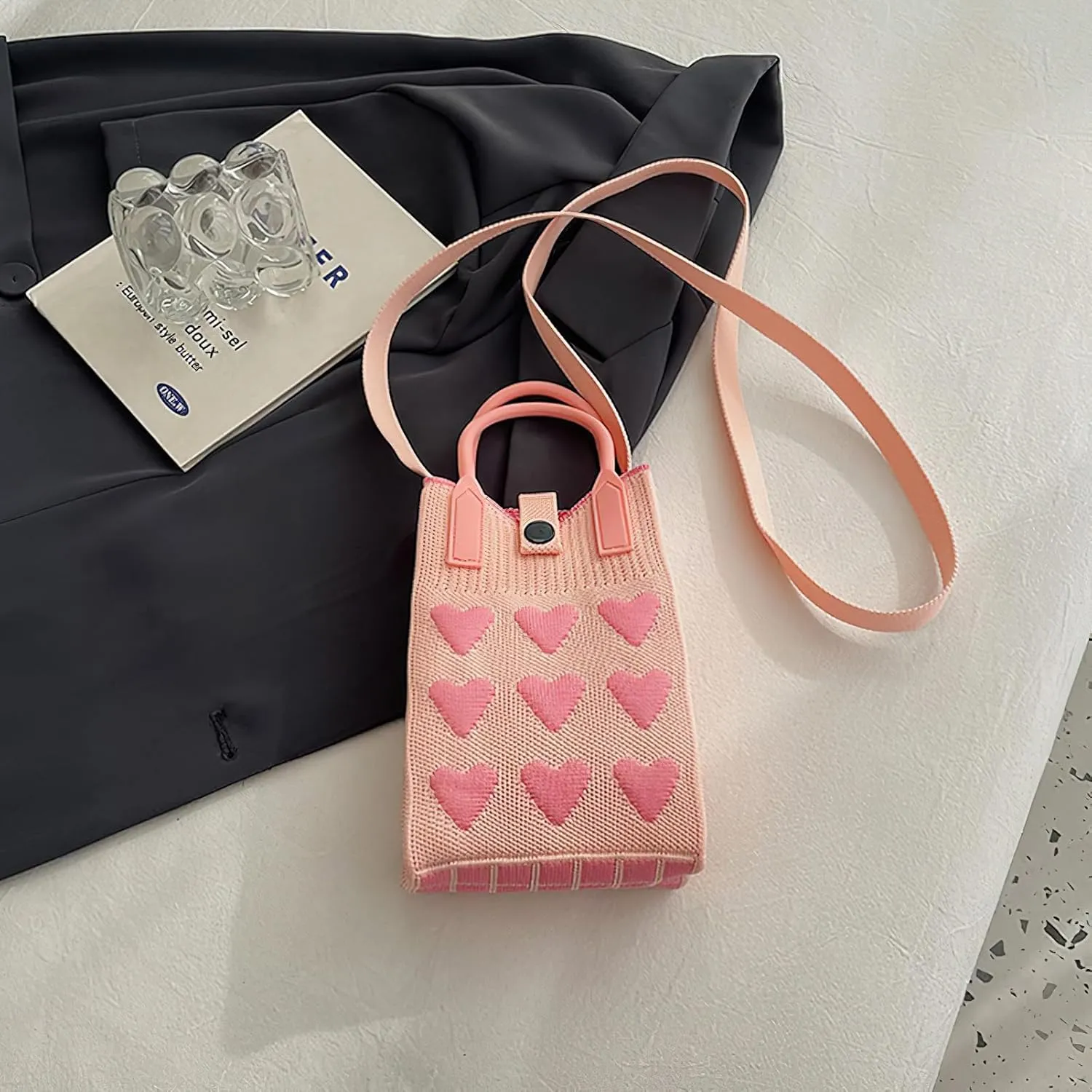 Cell Phone Crossbody Bag for Women with Heart Pattern Little Crochet Pouch Tote Handbag with Buckle