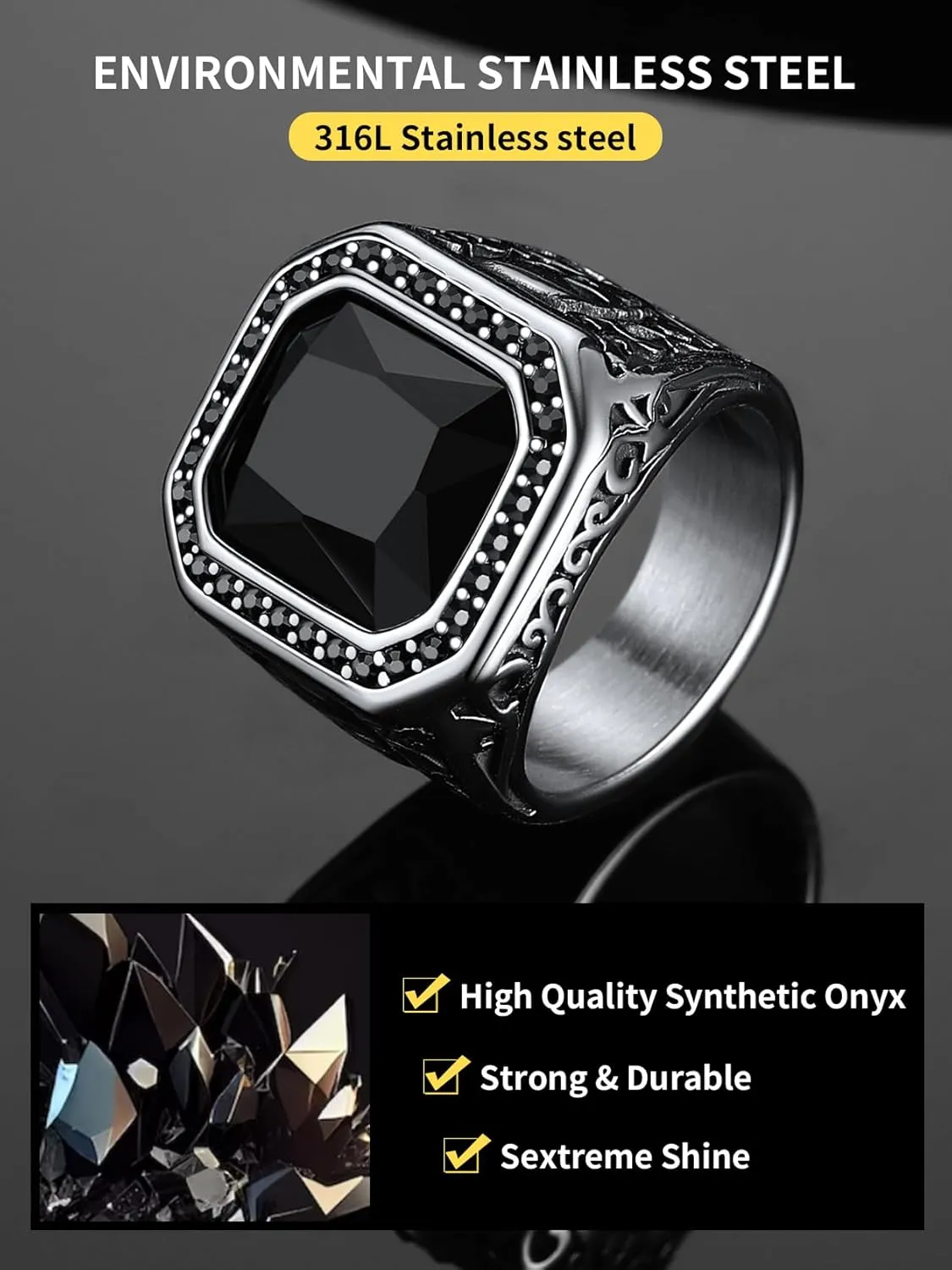 ChainsHouse Mens Black Onyx Rings, Retro X Bone Skull Stainless Steel Signet Rings for Men, Black Onyx Agate Gemstone Rings Jewelry, Offer Custom Service, Size 7-14