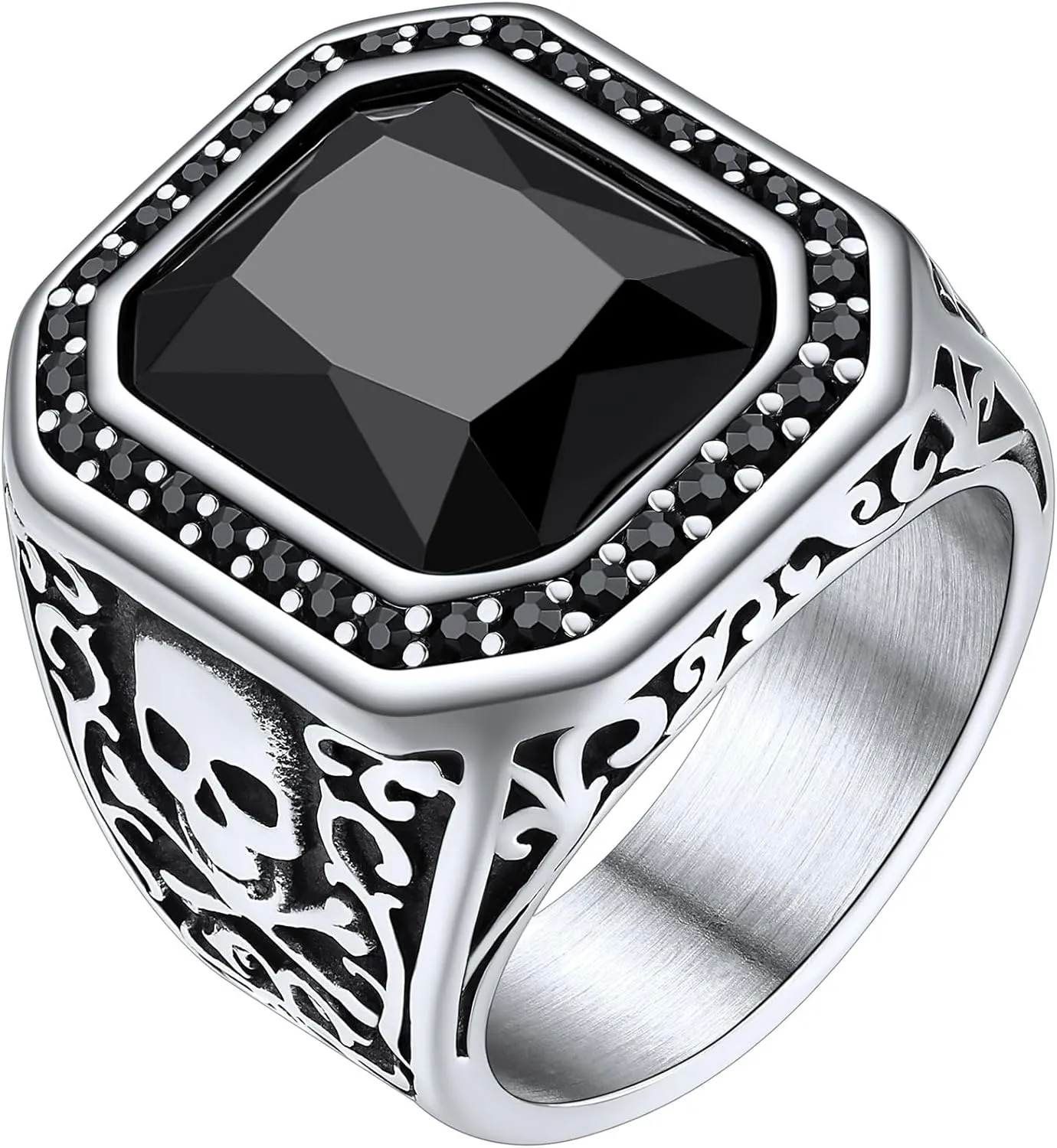 ChainsHouse Mens Black Onyx Rings, Retro X Bone Skull Stainless Steel Signet Rings for Men, Black Onyx Agate Gemstone Rings Jewelry, Offer Custom Service, Size 7-14