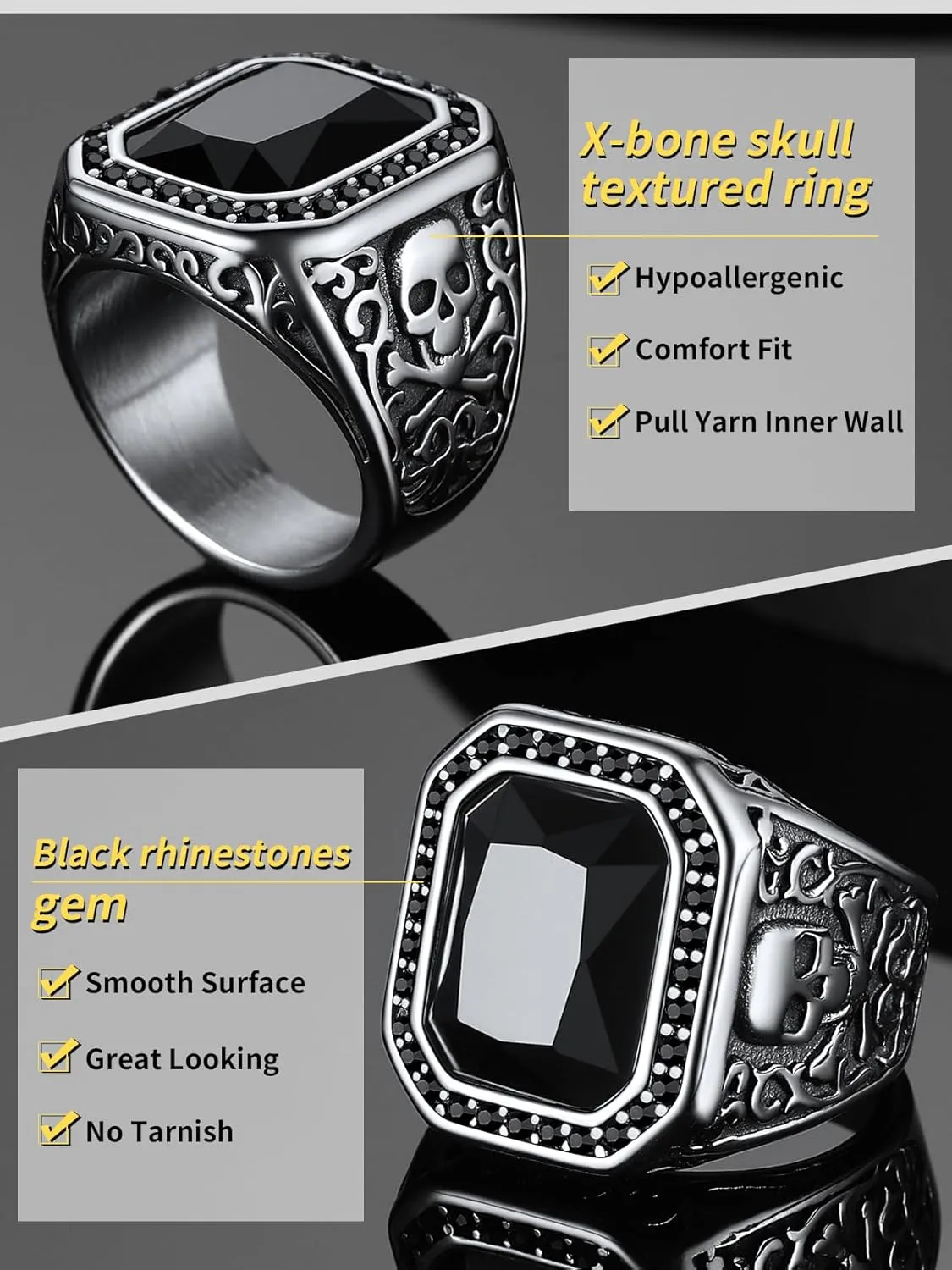 ChainsHouse Mens Black Onyx Rings, Retro X Bone Skull Stainless Steel Signet Rings for Men, Black Onyx Agate Gemstone Rings Jewelry, Offer Custom Service, Size 7-14