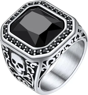 ChainsHouse Mens Black Onyx Rings, Retro X Bone Skull Stainless Steel Signet Rings for Men, Black Onyx Agate Gemstone Rings Jewelry, Offer Custom Service, Size 7-14