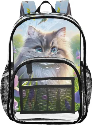 Cheerful Cat Clear Plastic Backpack - Transparent PVC Heavy Duty Bag with Large Main Pocket and Mesh Pockets - Ideal for School, Travel, Outings - Clear Backpack for Everyday Use