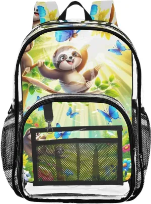 Cheerful Sloths Design Clear Plastic Backpack - Transparent PVC Heavy Duty Bag with Large Main Pocket and Mesh Pockets - Ideal for School, Travel, Outings - Clear Backpack for Everyday Use