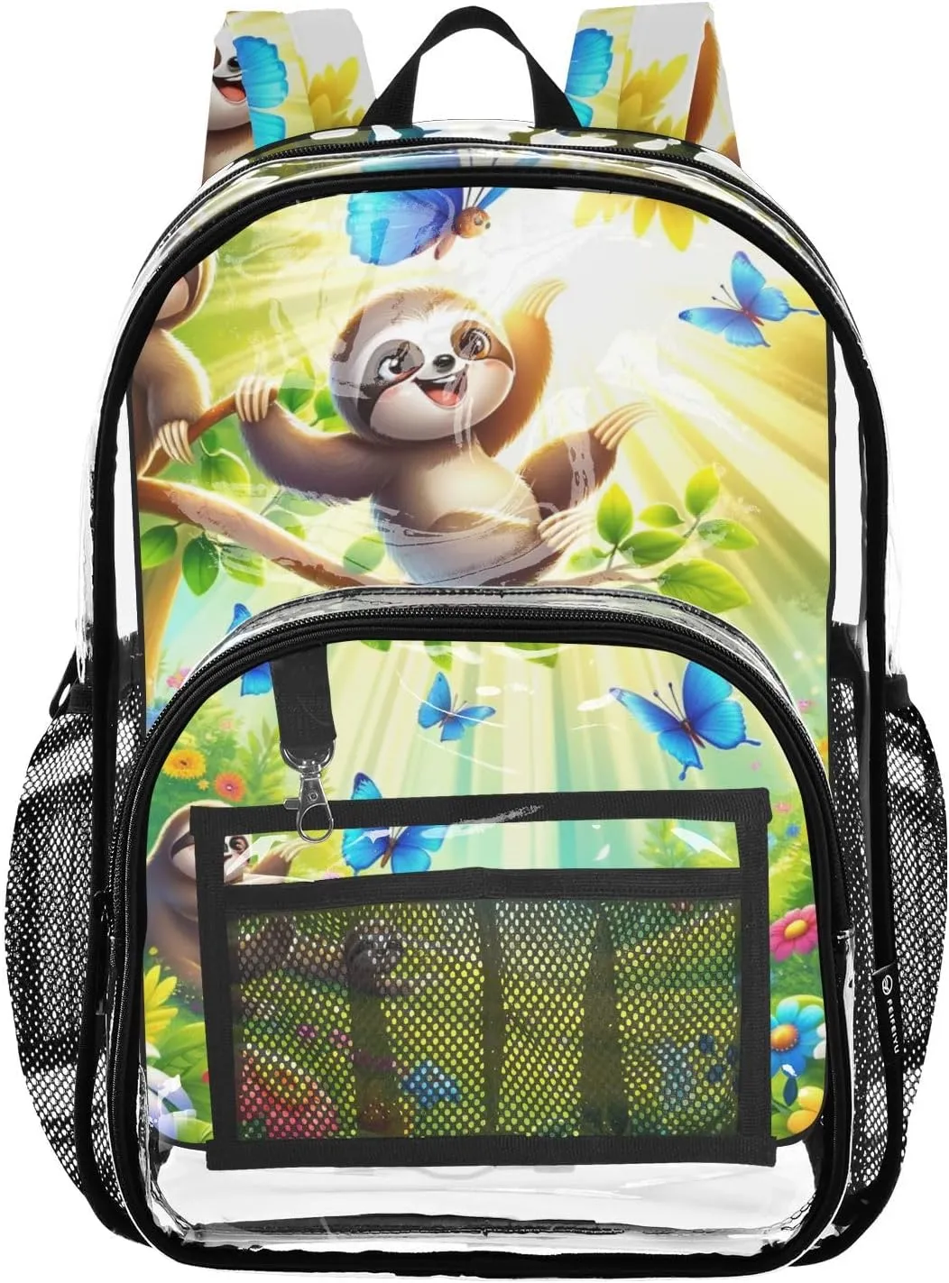 Cheerful Sloths Design Clear Plastic Backpack - Transparent PVC Heavy Duty Bag with Large Main Pocket and Mesh Pockets - Ideal for School, Travel, Outings - Clear Backpack for Everyday Use