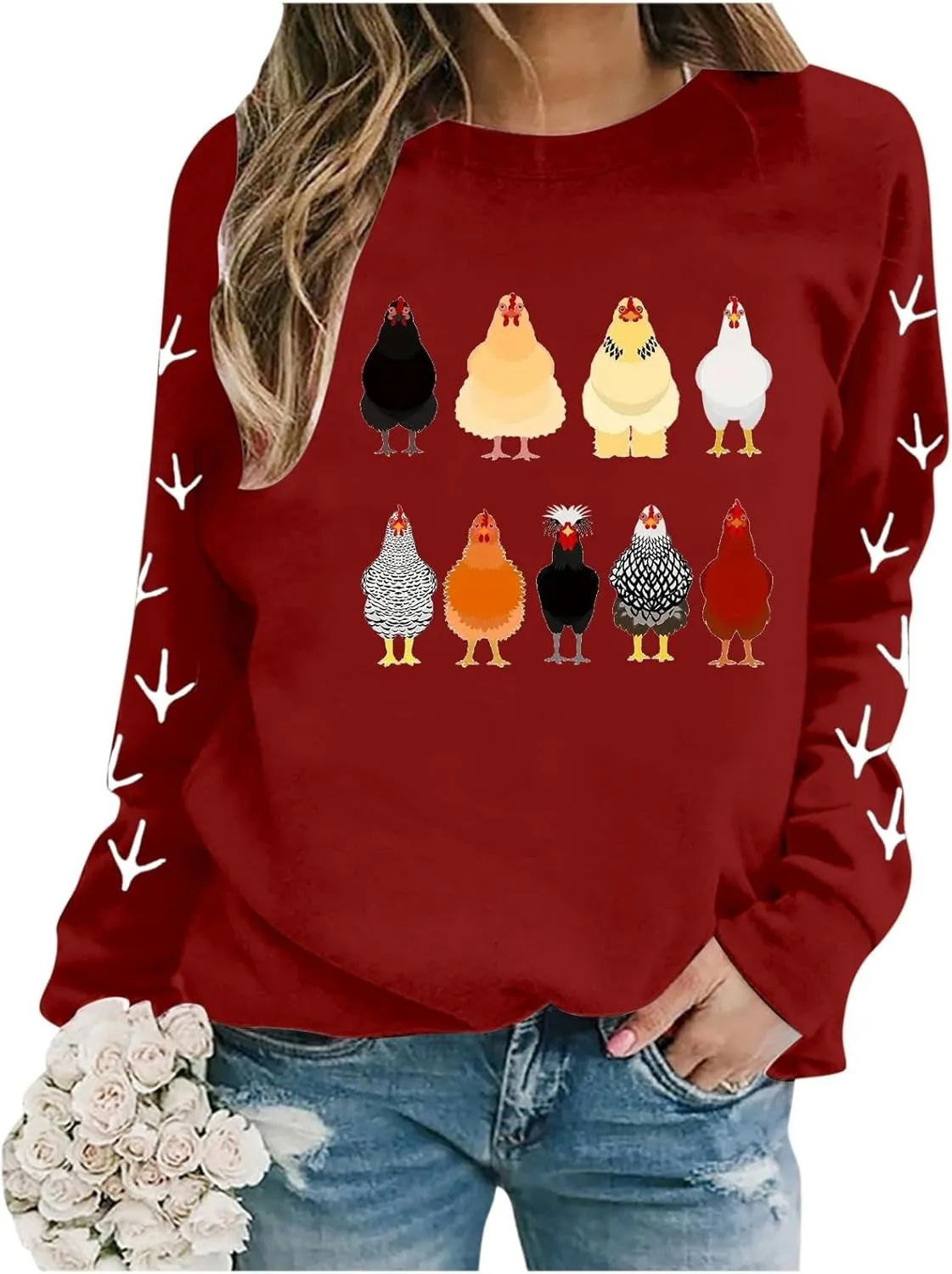 Chicken Graphic Sweatshirts for Women Long Sleeve Chicken Sweatshirt Crew Neck Pullover Top Fall Preppy Clothes