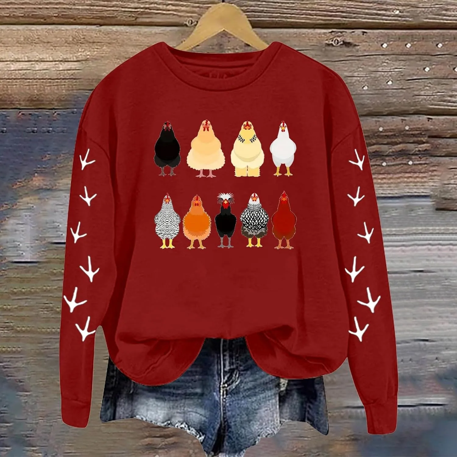 Chicken Graphic Sweatshirts for Women Long Sleeve Chicken Sweatshirt Crew Neck Pullover Top Fall Preppy Clothes