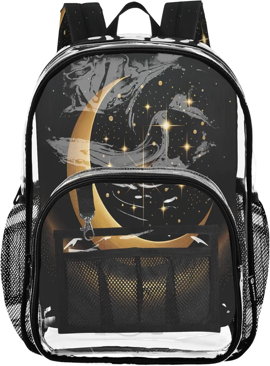 CHIFIGNO Shimmering Crescent Stars Black Travel Bag Kids, Large Clear Bag, School Bags for Girls