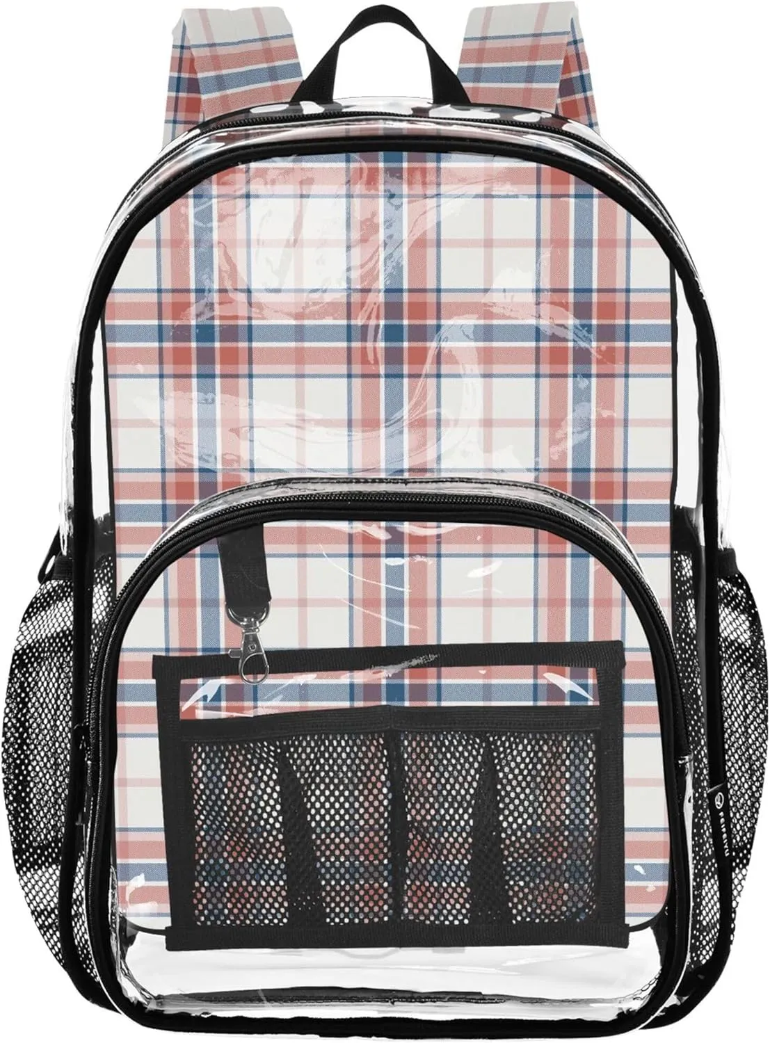 CHIFIGNO Trendy Plaid White Red Girls Backpacks, Clear Plastic Bag, Book Bag, Clear Stadium Backpack