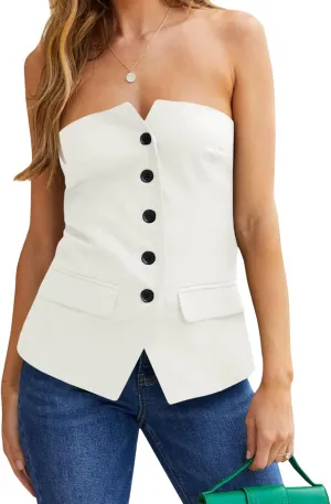 Cicy Bell Notched Neck Tube Tops Blazer Sleeveless Button Fitted Strapless Work Blazer Vest