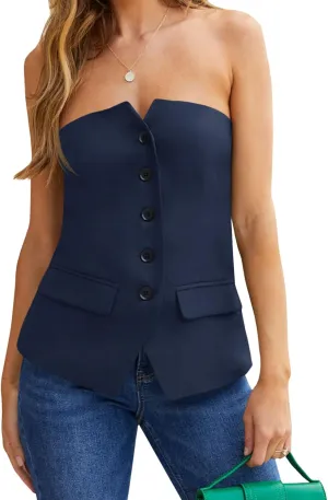 Cicy Bell Notched Neck Tube Tops Blazer Sleeveless Button Fitted Strapless Work Blazer Vest