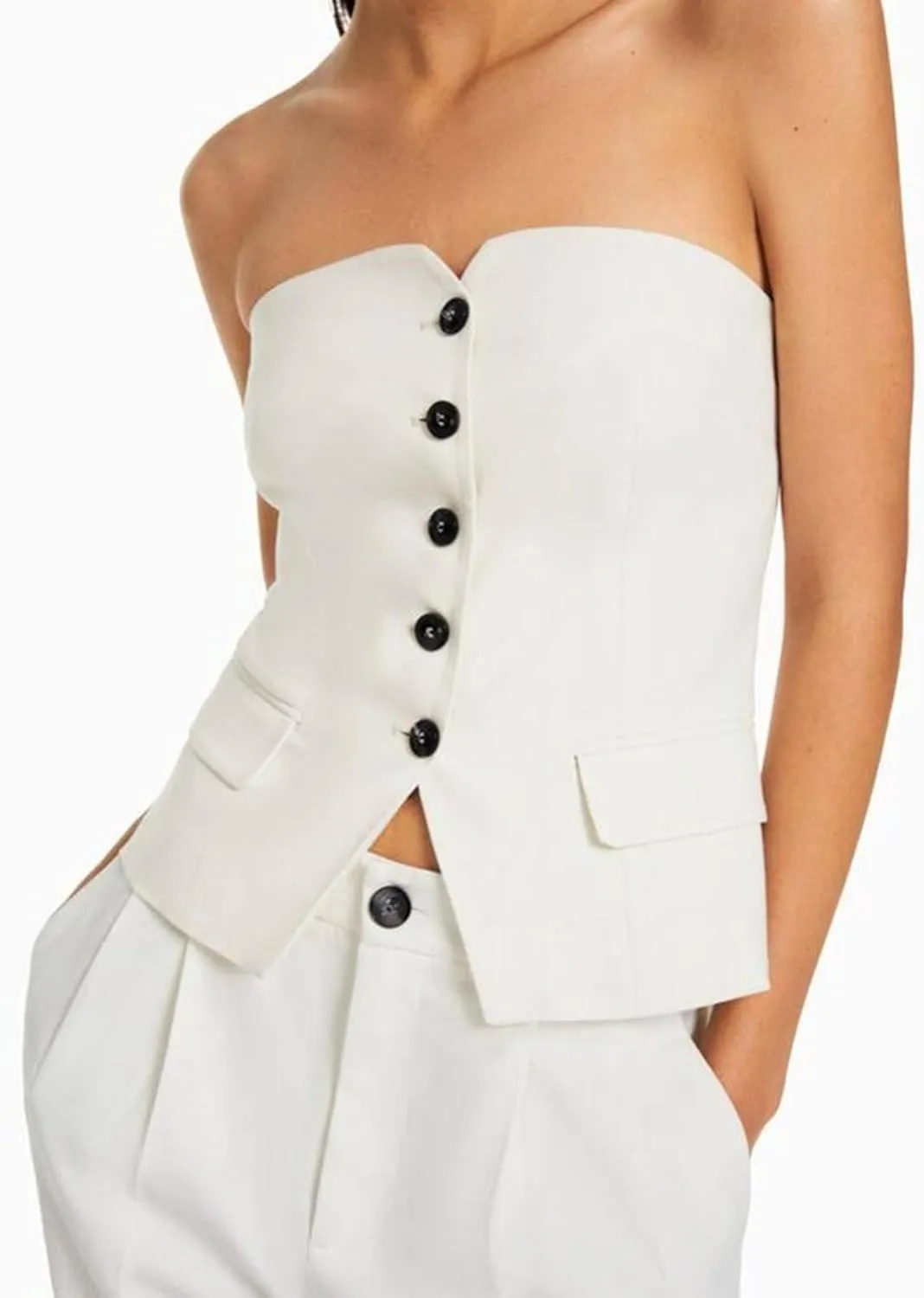 Cicy Bell Notched Neck Tube Tops Blazer Sleeveless Button Fitted Strapless Work Blazer Vest