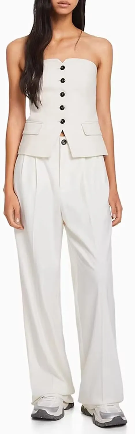 Cicy Bell Notched Neck Tube Tops Blazer Sleeveless Button Fitted Strapless Work Blazer Vest