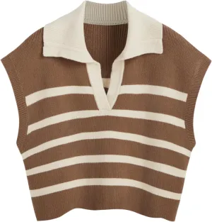 CIDER Vest for Women V Neck Cap Sleeve Striped Sweater Vest Knit Polo Neck Trendy Vest Tops Casual Trendy