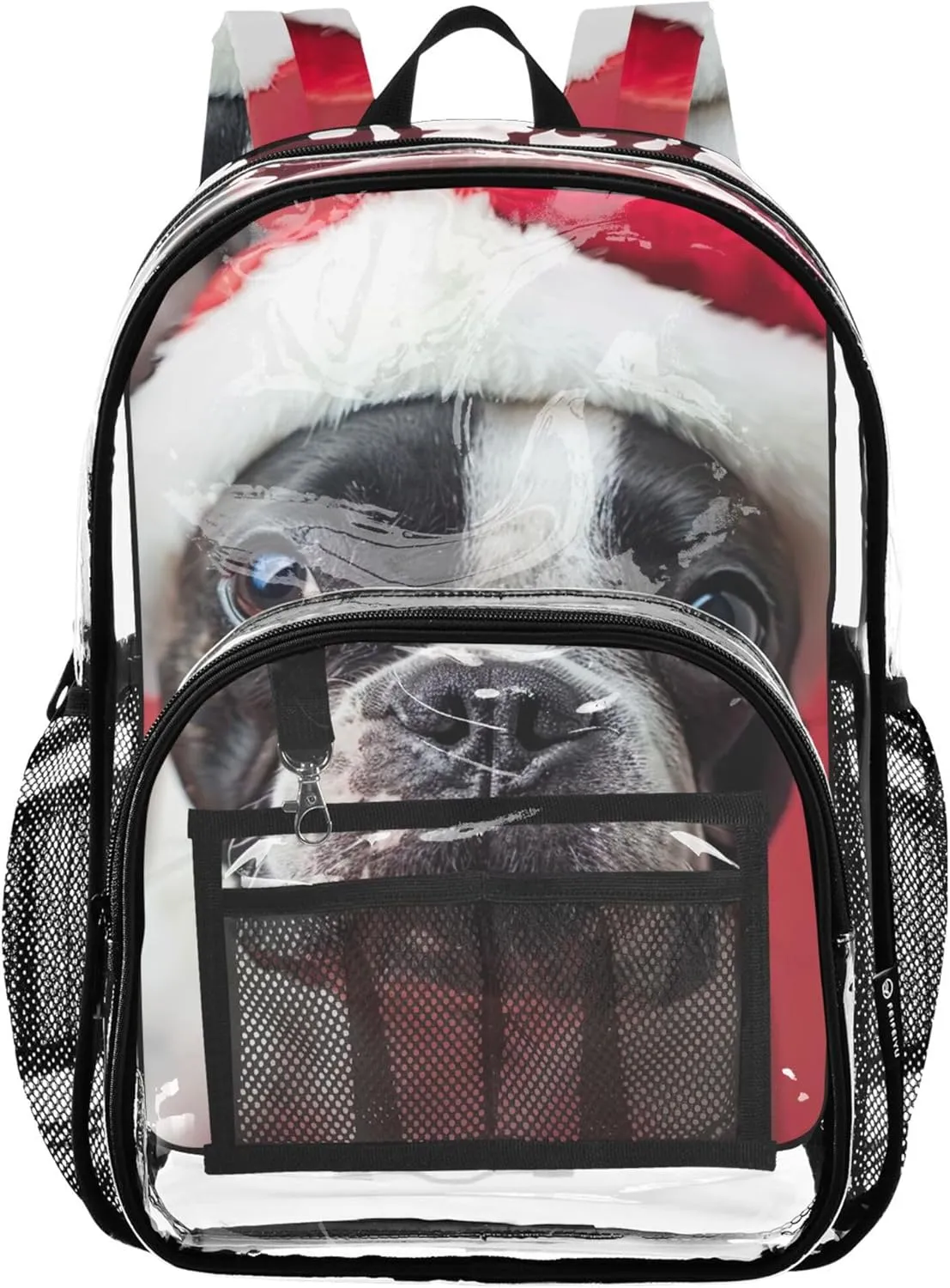 Clear Backpack for Women Cute Boston Terrier Dog Santa Kids Girls Backpack Boys See through Shoulder Bag