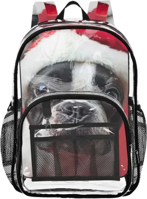 Clear Backpack for Women Cute Boston Terrier Dog Santa Kids Girls Backpack Boys See through Shoulder Bag