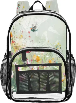 Colorful Wildflowers Cute Bird School Backpack, Clear Plastic Bag, Backpack Bag, Clear School Backpack
