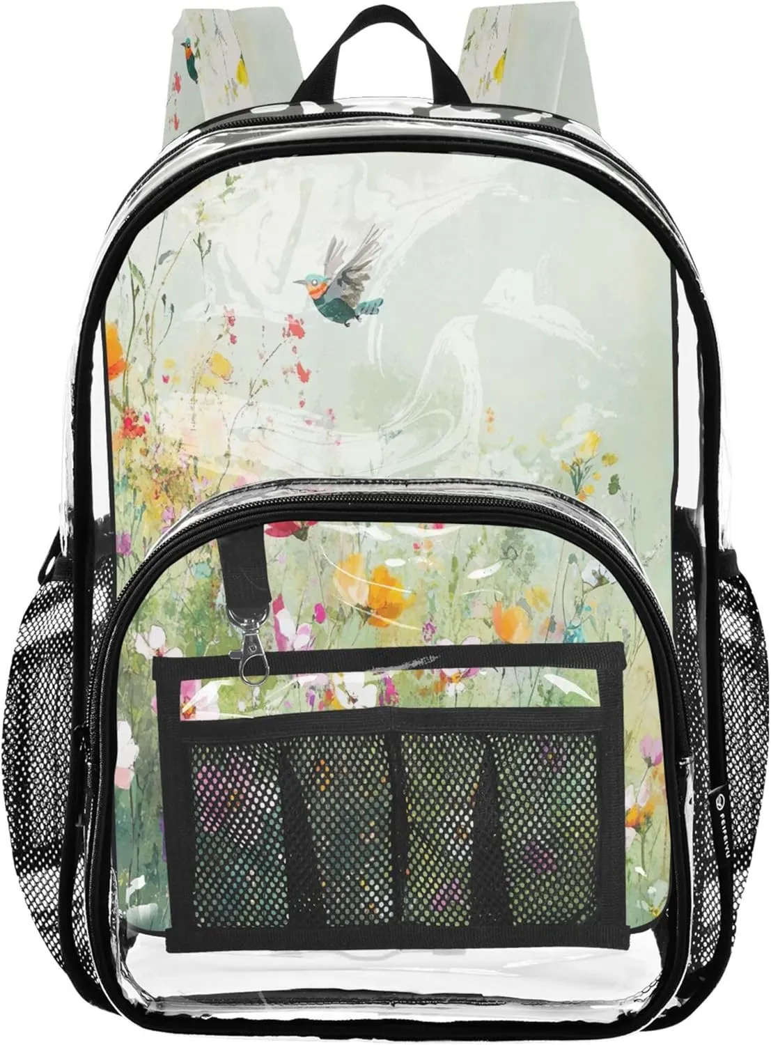 Colorful Wildflowers Cute Bird School Backpack, Clear Plastic Bag, Backpack Bag, Clear School Backpack