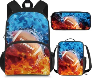 Cool American Football School Backpack Kids Boys 2nd Grade 15 inch School Bags for Teens Toddler Primary 3 Piece Bookbag Set with Lunch Box Keep Food Fresh Travel Daypack Hiking