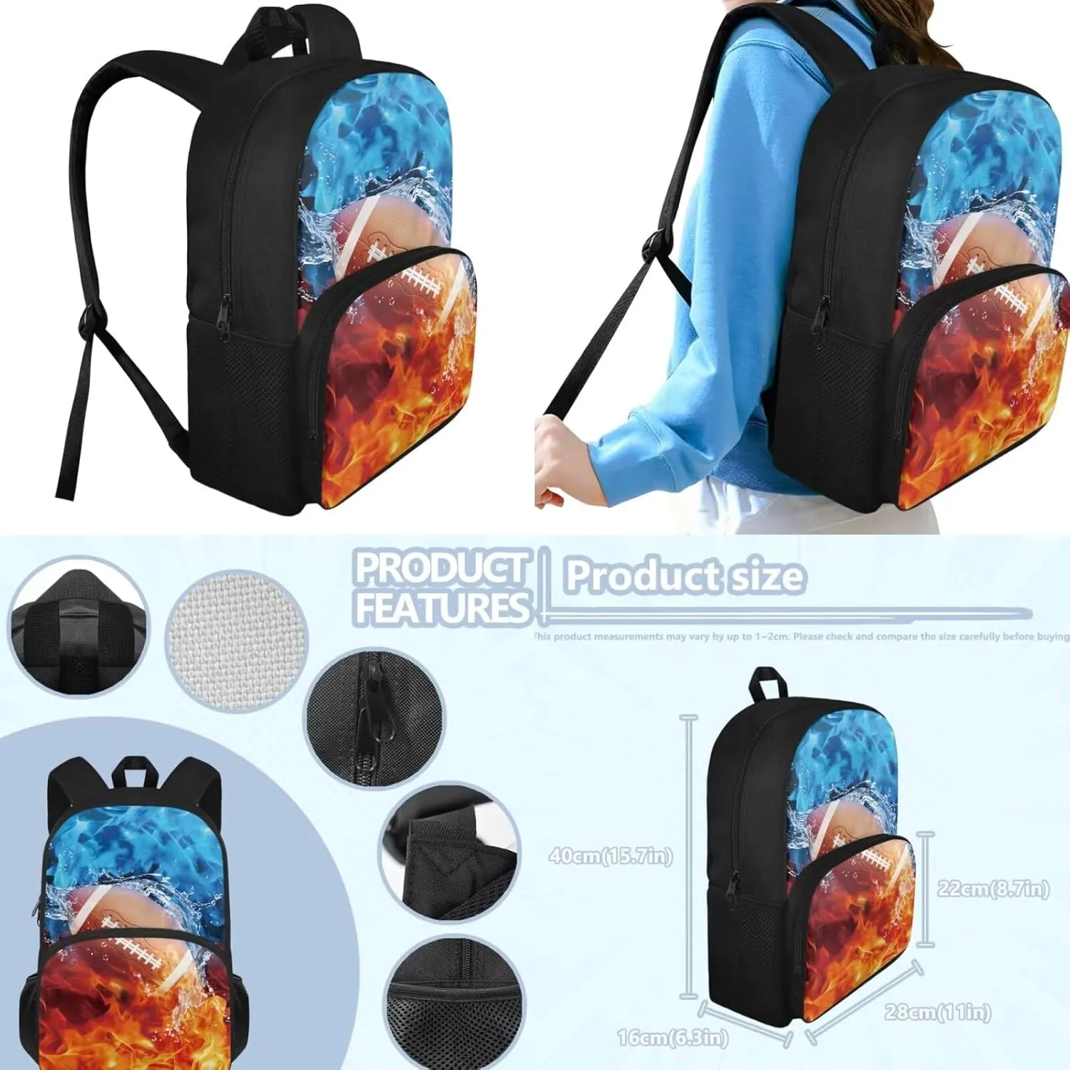 Cool American Football School Backpack Kids Boys 2nd Grade 15 inch School Bags for Teens Toddler Primary 3 Piece Bookbag Set with Lunch Box Keep Food Fresh Travel Daypack Hiking