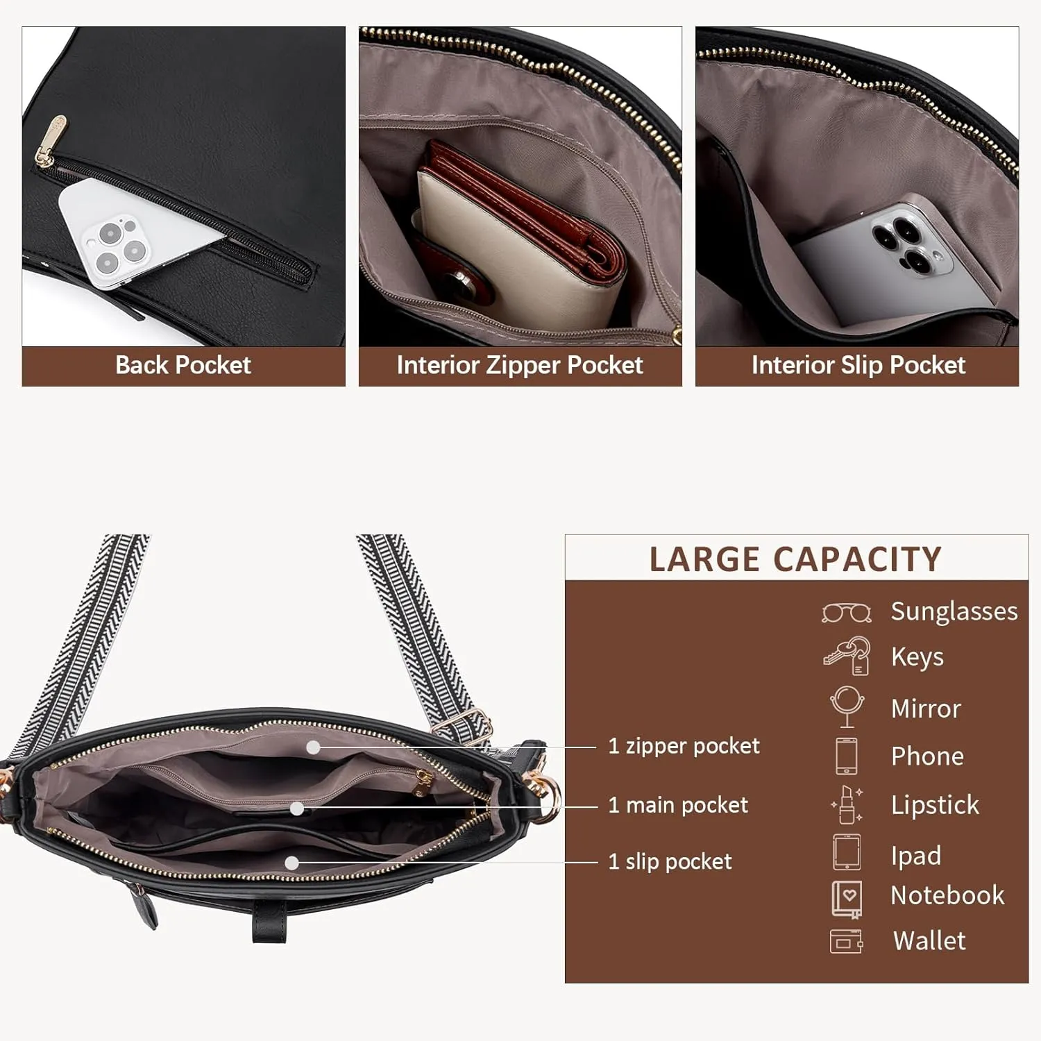 Crossbody Purses for Women Trendy Hobo Bags Double Zipper Shoulder Handbags with Adjustable Guitar Strap Medium