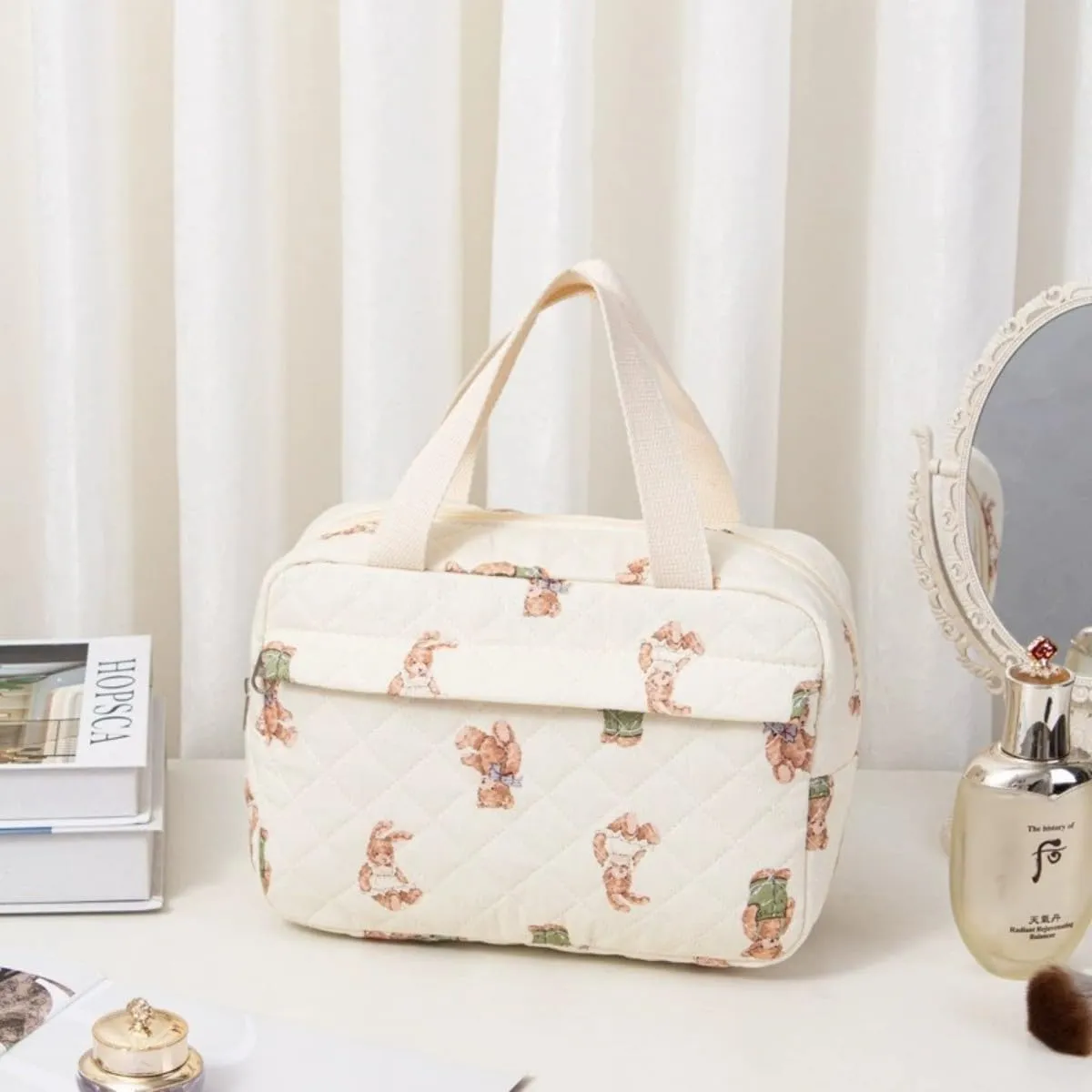 Cute Cotton Makeup Bag for Women Girls, Large Travel Cosmetic Tote, Makeup Organizer with Zipper, Toiletry Pouch, Versatile Purse for Daily Use Travel (Bear)