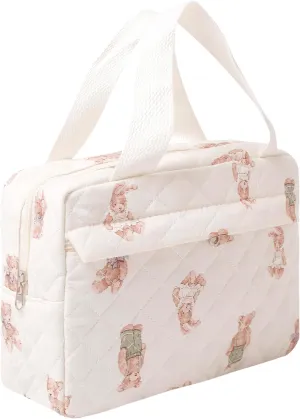 Cute Cotton Makeup Bag for Women Girls, Large Travel Cosmetic Tote, Makeup Organizer with Zipper, Toiletry Pouch, Versatile Purse for Daily Use Travel (Bear)