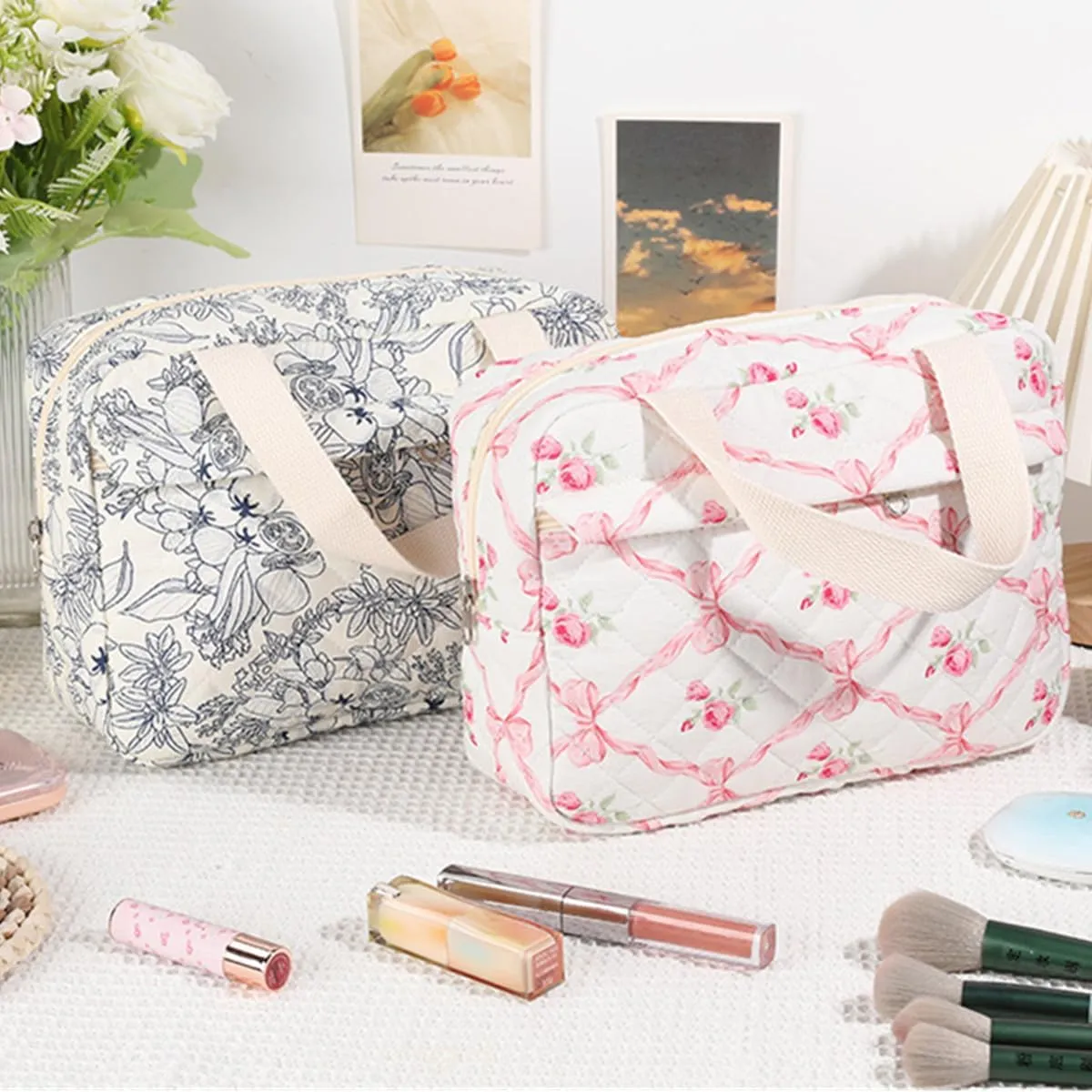 Cute Cotton Makeup Bag for Women Girls, Large Travel Cosmetic Tote, Makeup Organizer with Zipper, Toiletry Pouch, Versatile Purse for Daily Use Travel (Bear)
