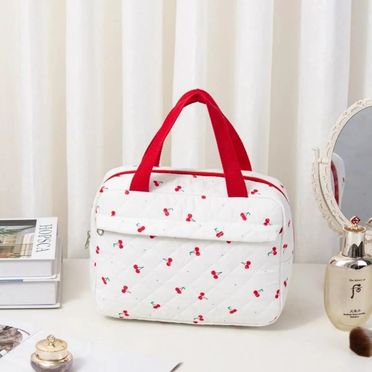 Cute Cotton Makeup Bag for Women Girls, Large Travel Cosmetic Tote, Makeup Organizer with Zipper, Toiletry Pouch, Versatile Purse for Daily Use Travel (Cherry)