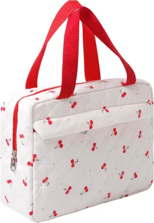 Cute Cotton Makeup Bag for Women Girls, Large Travel Cosmetic Tote, Makeup Organizer with Zipper, Toiletry Pouch, Versatile Purse for Daily Use Travel (Cherry)