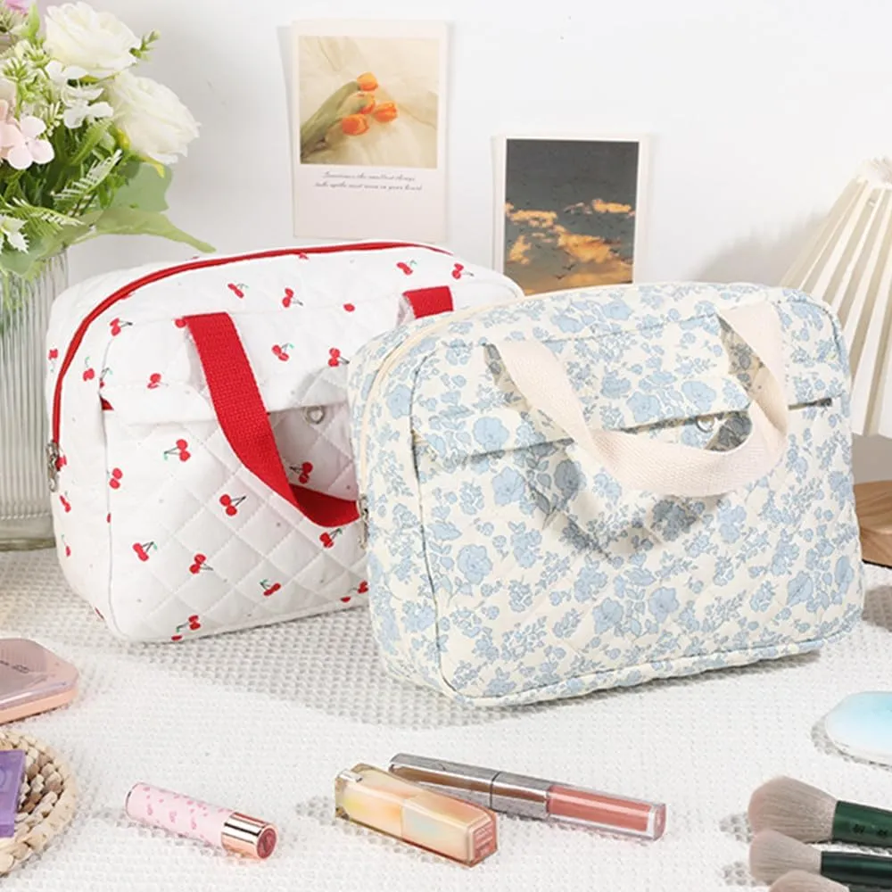 Cute Cotton Makeup Bag for Women Girls, Large Travel Cosmetic Tote, Makeup Organizer with Zipper, Toiletry Pouch, Versatile Purse for Daily Use Travel (Cherry)