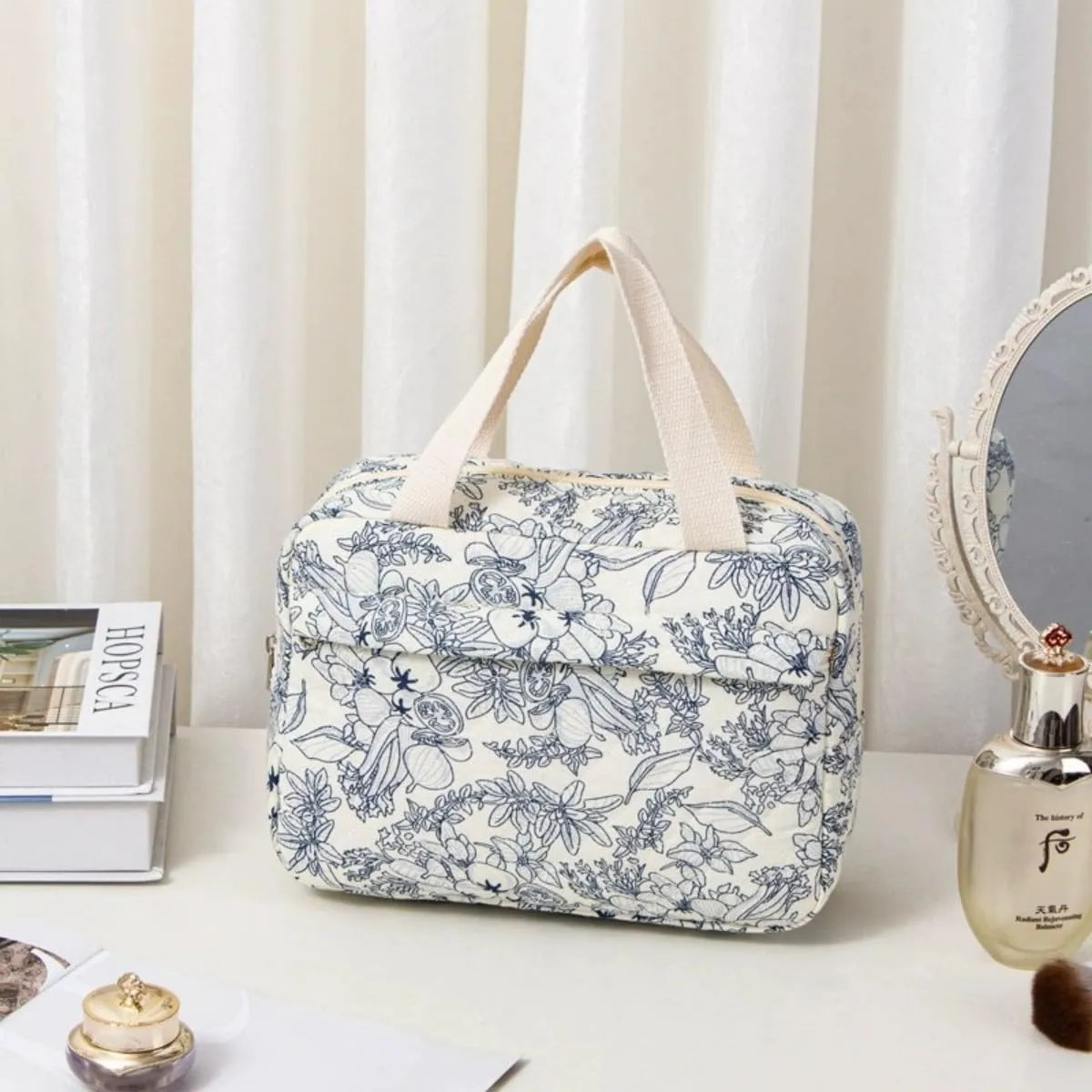 Cute Cotton Makeup Bag for Women Girls, Large Travel Cosmetic Tote, Makeup Organizer with Zipper, Toiletry Pouch, Versatile Purse for Daily Use Travel (Navy blue flower)