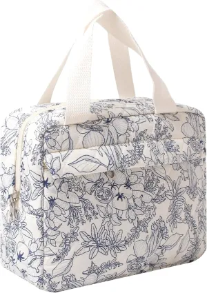 Cute Cotton Makeup Bag for Women Girls, Large Travel Cosmetic Tote, Makeup Organizer with Zipper, Toiletry Pouch, Versatile Purse for Daily Use Travel (Navy blue flower)