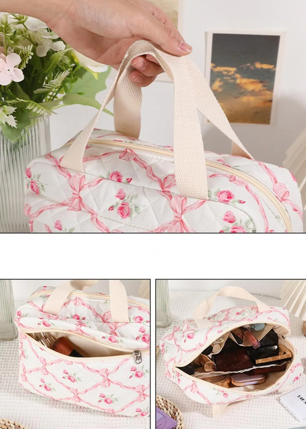 Cute Cotton Makeup Bag for Women Girls, Large Travel Cosmetic Tote, Makeup Organizer with Zipper, Toiletry Pouch, Versatile Purse for Daily Use Travel (Pink bow)