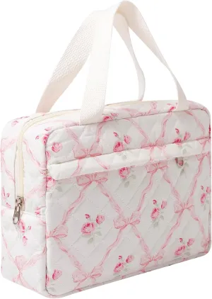 Cute Cotton Makeup Bag for Women Girls, Large Travel Cosmetic Tote, Makeup Organizer with Zipper, Toiletry Pouch, Versatile Purse for Daily Use Travel (Pink bow)