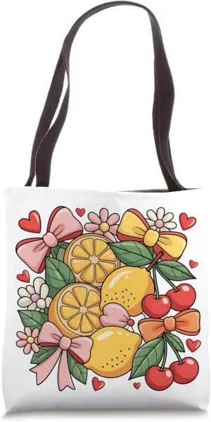 Cute Summer Fruit Flowers Boho Lemon Coquette Cherries Bows Tote Bag