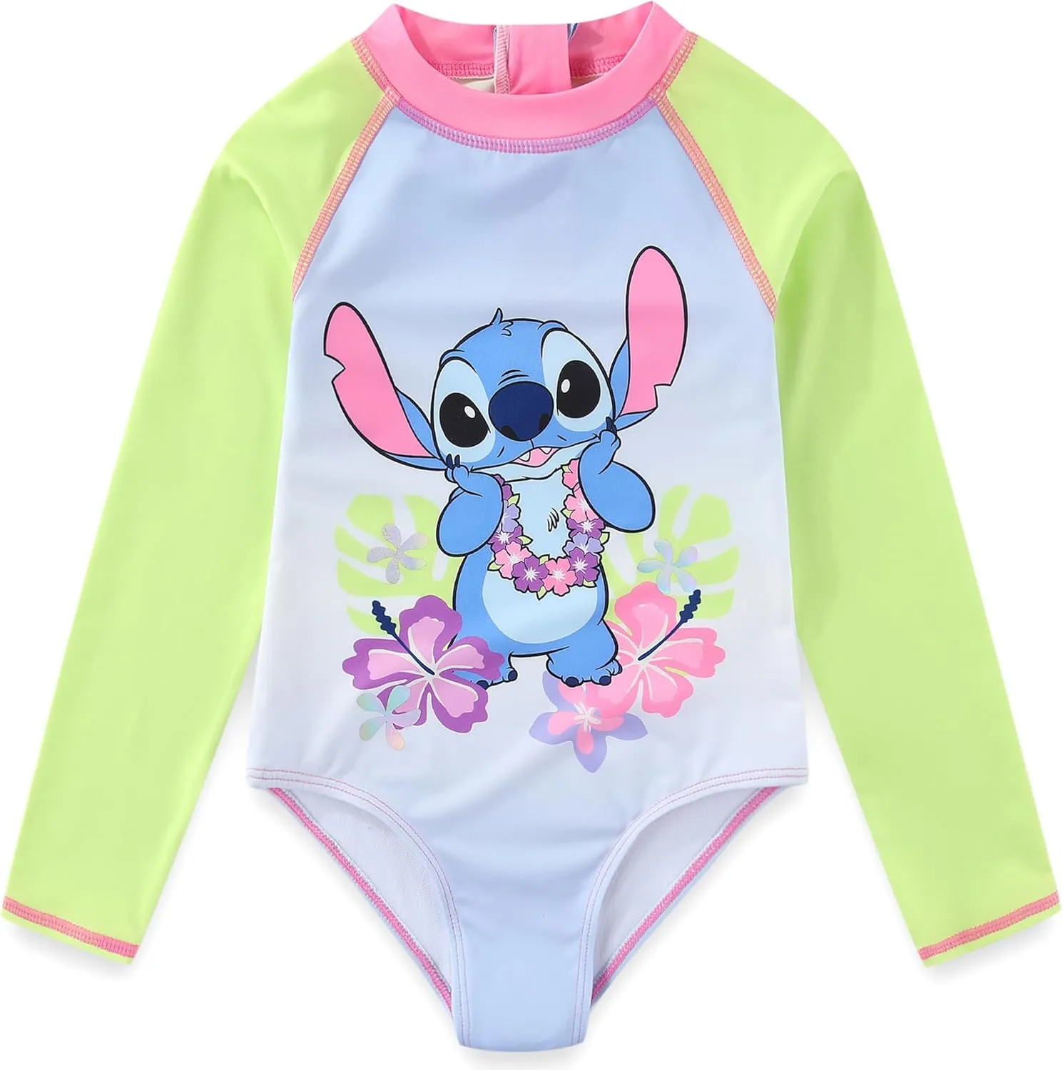 Disney Lilo & Stitch Girls UPF 50  One Piece Swimsuit Long Sleeve Rash Guard Bathing Suit for Big Kids