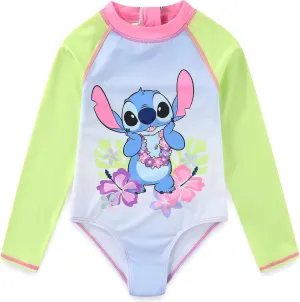 Disney Lilo & Stitch Girls UPF 50  One Piece Swimsuit Long Sleeve Rash Guard Bathing Suit for Big Kids