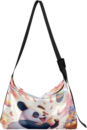 Easter Spring Cheerful Panda Hobo Crossbody Bags for Women Leather Large Shoulder Bag Cross Body Colorful Eggs Trendy Womens Tote Bags Handbag for Travel Shopping