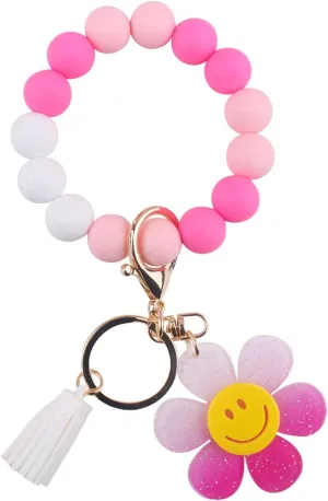 Elastic Wrist Keychain Wristlet Silicone Beaded Smile Sunflower Charms Key Ring Bracelet Key Chains for Women