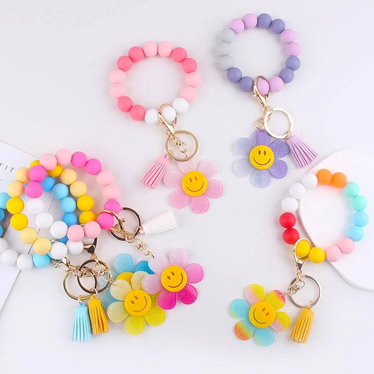 Elastic Wrist Keychain Wristlet Silicone Beaded Smile Sunflower Charms Key Ring Bracelet Key Chains for Women