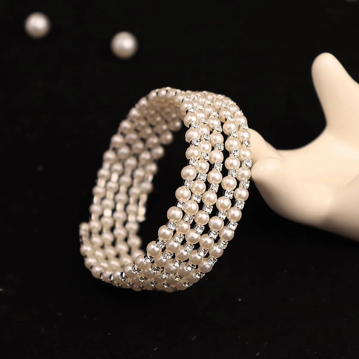 Elegant Rhinestone Pearl Bracelet Bangle Sparkling Crystal Multi-layered Wrist Band Bridal Statement Wristlet for Women