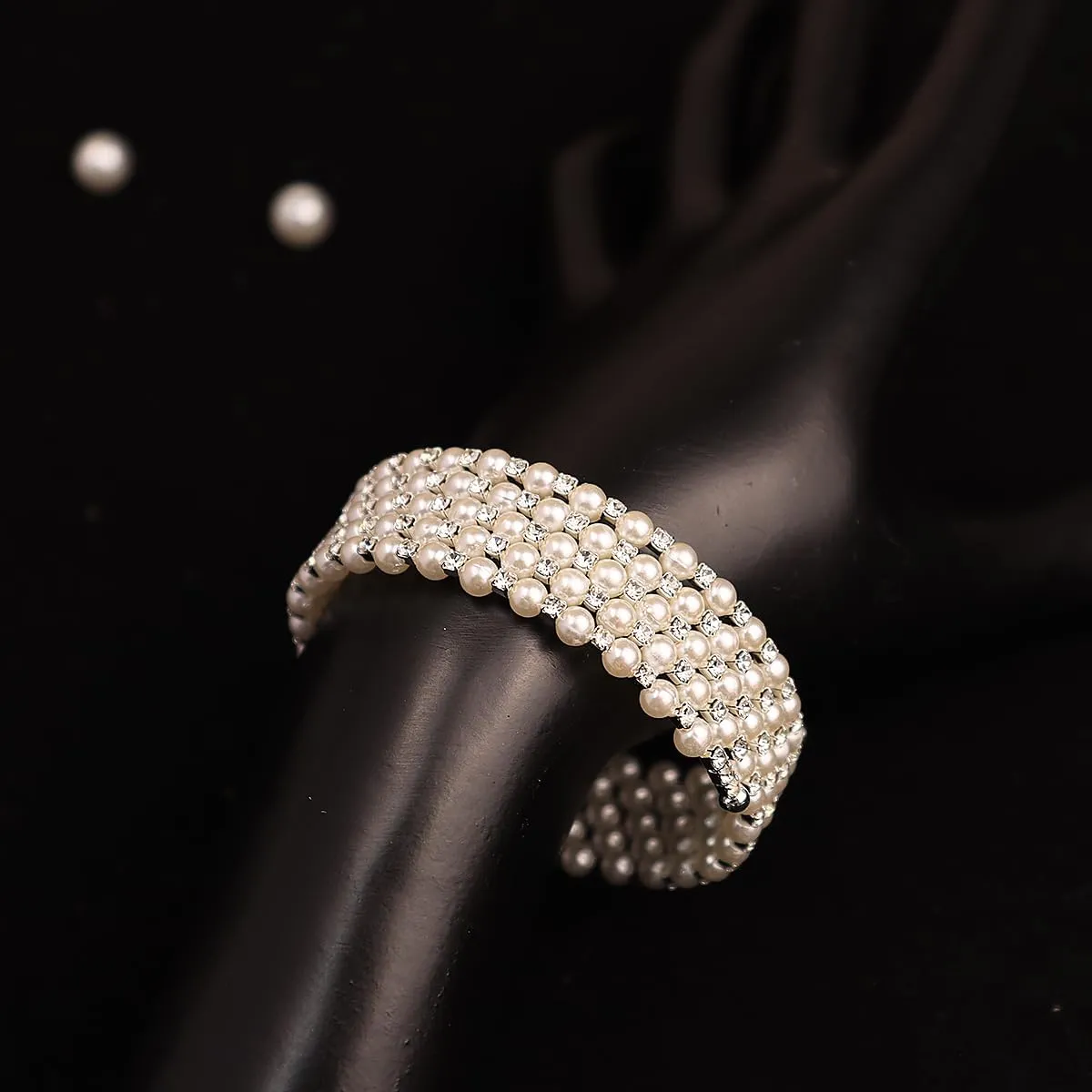 Elegant Rhinestone Pearl Bracelet Bangle Sparkling Crystal Multi-layered Wrist Band Bridal Statement Wristlet for Women